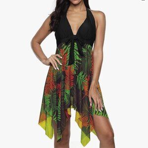 Plus Size Swimsuit Mesh Printed Tankini Black, Large (US 12/14)